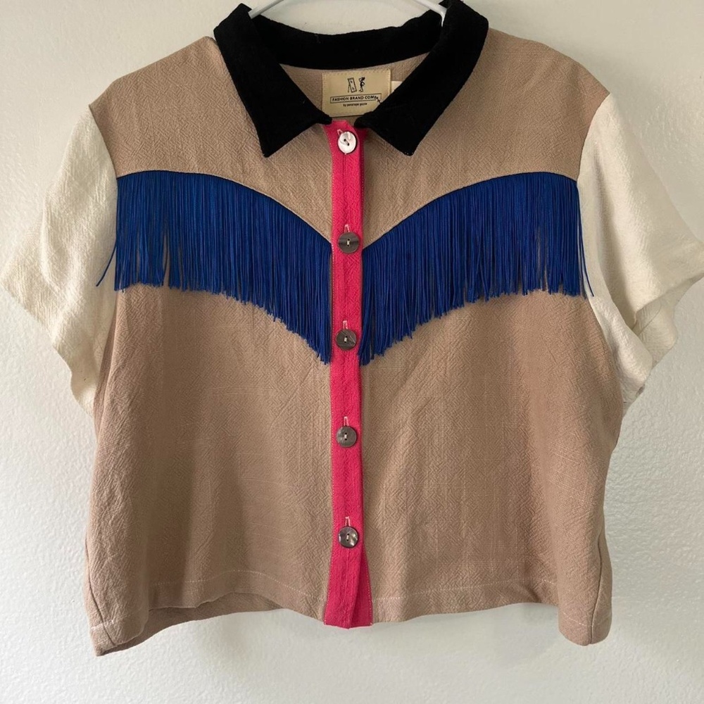 Fashion Brand Company One-Of-a-Kind Scrap Linen Fringe Blouse